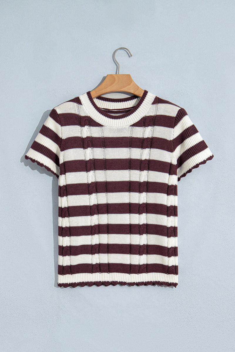 Load image into Gallery viewer, DLLS1151 - Ladies Brown Stripe Ribbed Knit Cable Detail Short Sleeve Sweater
