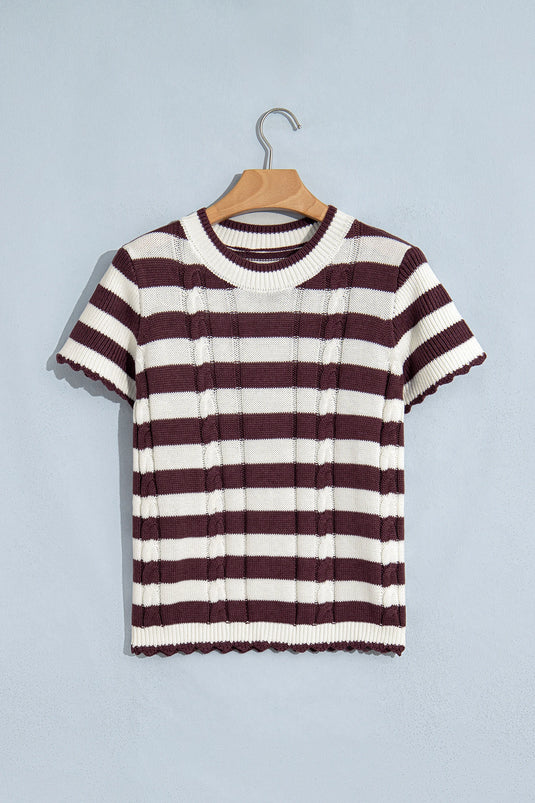 DLLS1151 - Ladies Brown Stripe Ribbed Knit Cable Detail Short Sleeve Sweater