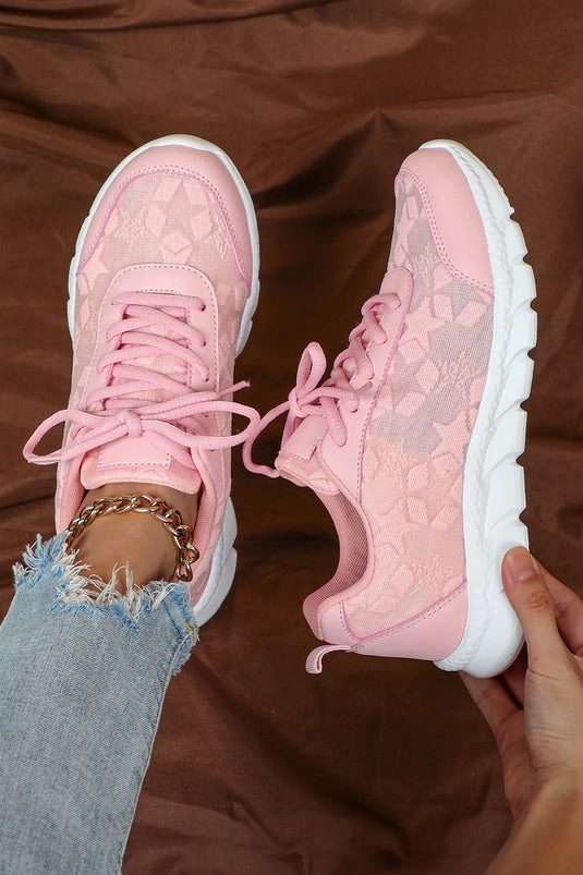 DLLSHOE 178 - Pink Boho Cute Pattern Lace-Up Rugged Sole Sporty Sneakers