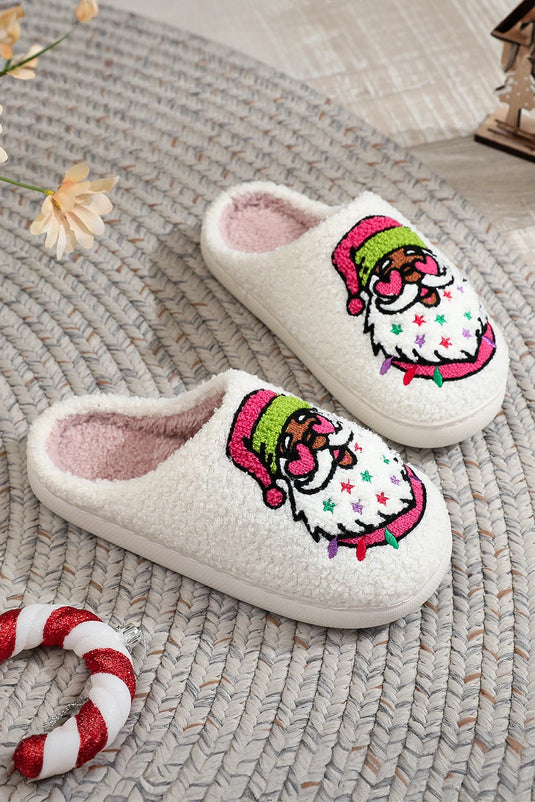DLLSHOE 130 - White Starry Santa Claus Pattern Christmas Plush Slippers