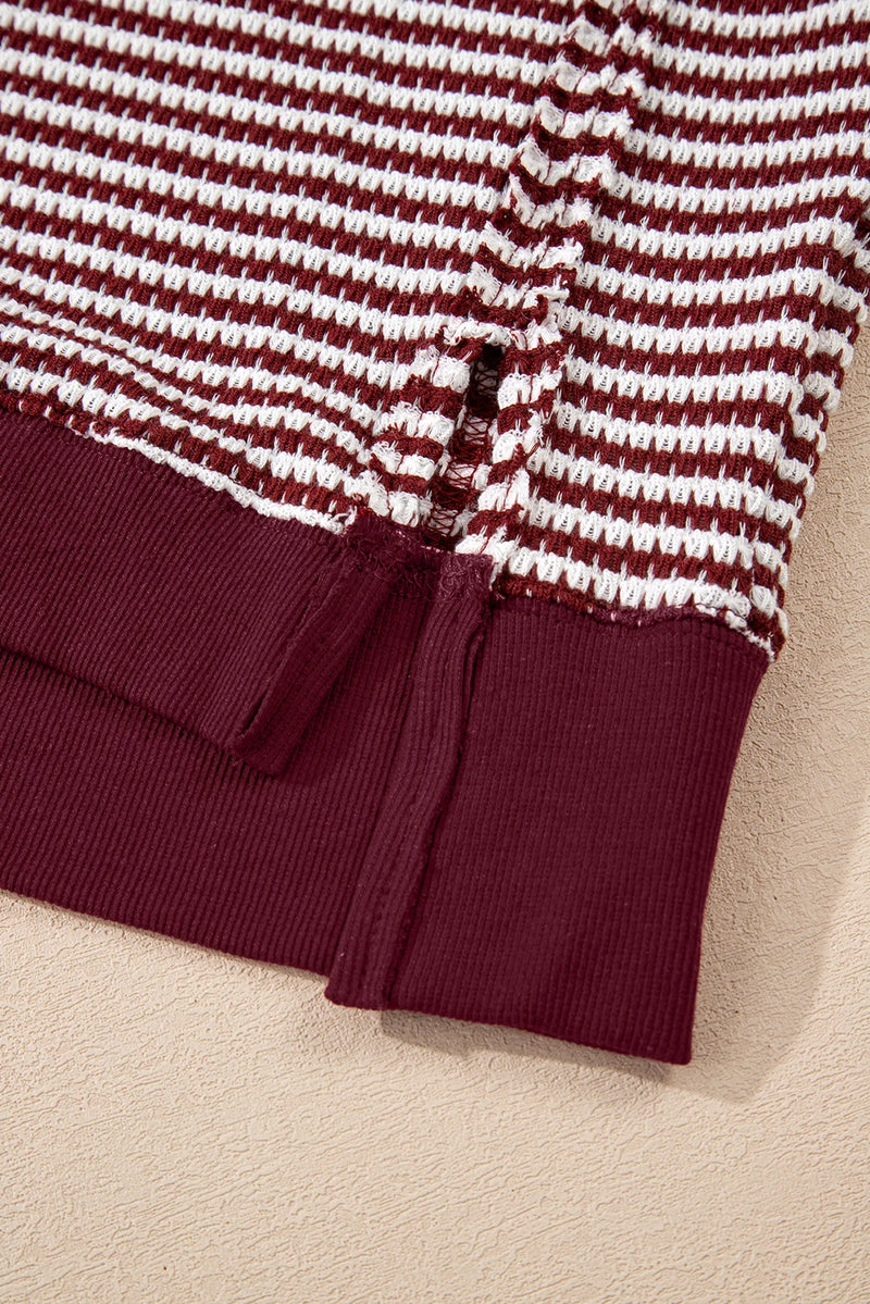 Load image into Gallery viewer, DLLS391 - Ladies Red Stripe Ribbed Trim Drop Shoulder Long Sleeve Oversize Top

