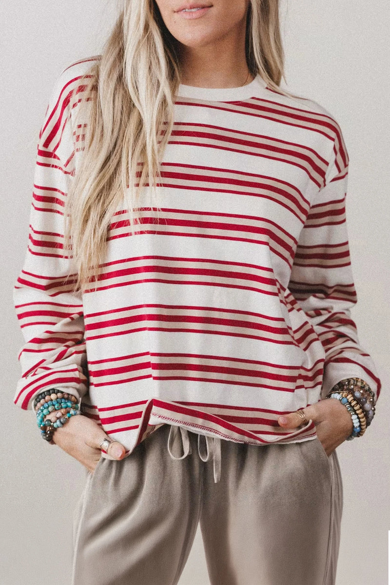 Load image into Gallery viewer, DLLS680 - Ladies Red Stripe Long Sleeve Striped Top
