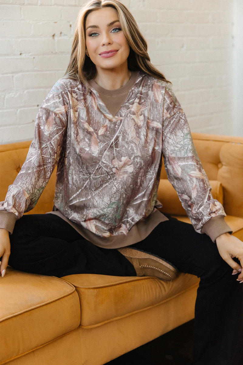 Load image into Gallery viewer, DLLS736 - Ladies Brown Abstract Camo Print Color Block Detail Baggy Pullover Sweatshirt
