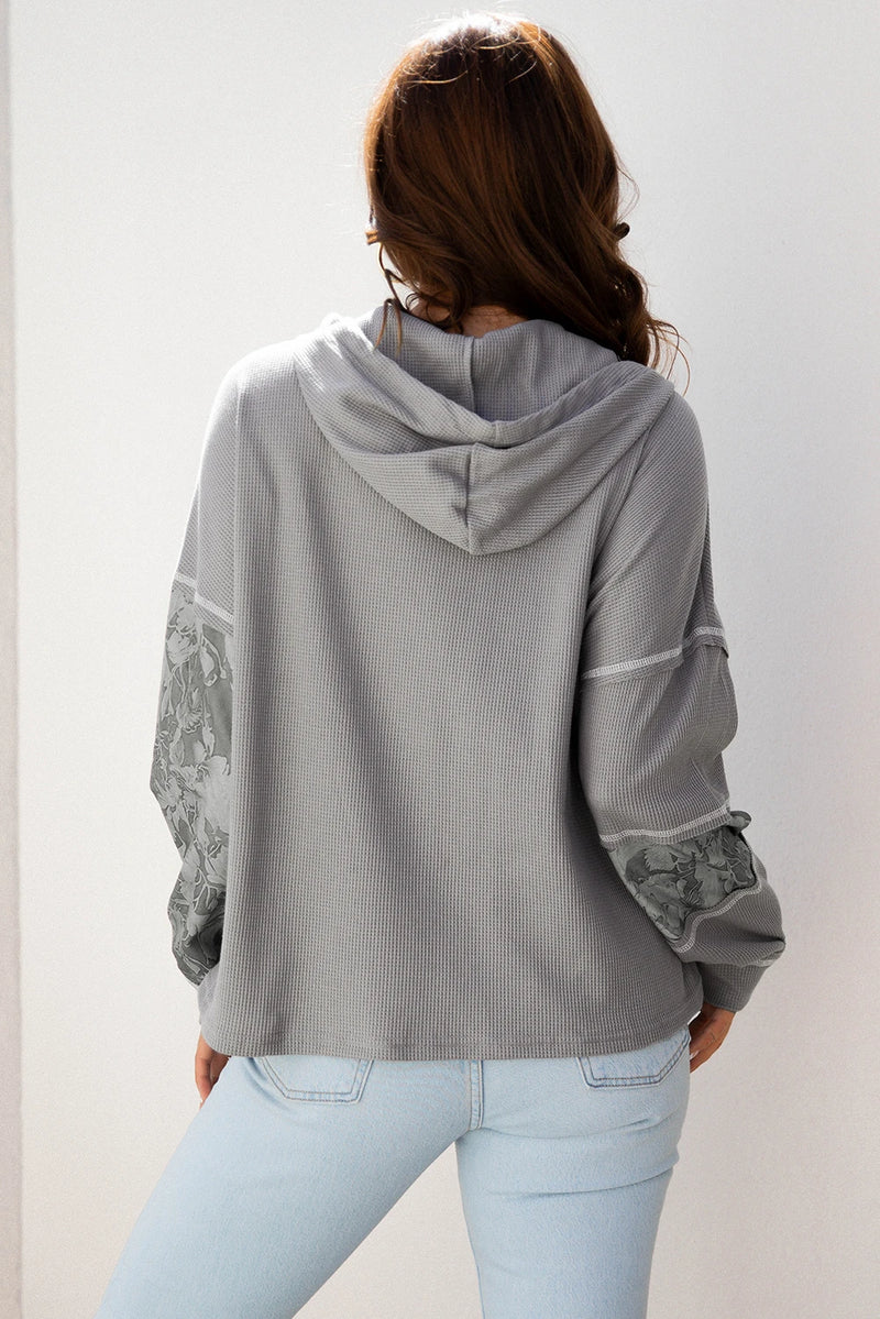 Load image into Gallery viewer, DLLS218 - Ladies Gray Waffle Printed Patchwork Drawstring Hooded Long Sleeve Top
