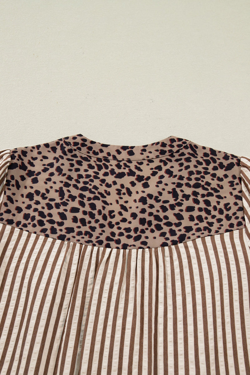 Load image into Gallery viewer, DLLS399 - Ladies Brown Stripe Leopard Trim V Neck Button Down Half Sleeve Shirt
