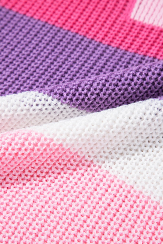 DLLS457 - Ladies Pink Color Block Notch V Neck Sweater T-Shirt