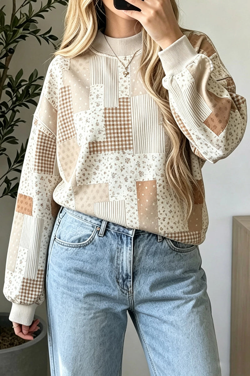 Load image into Gallery viewer, DLLS952 - Ladies Khaki Patchwork Floral Print Mock Neck Long Sleeve Sweatshirt
