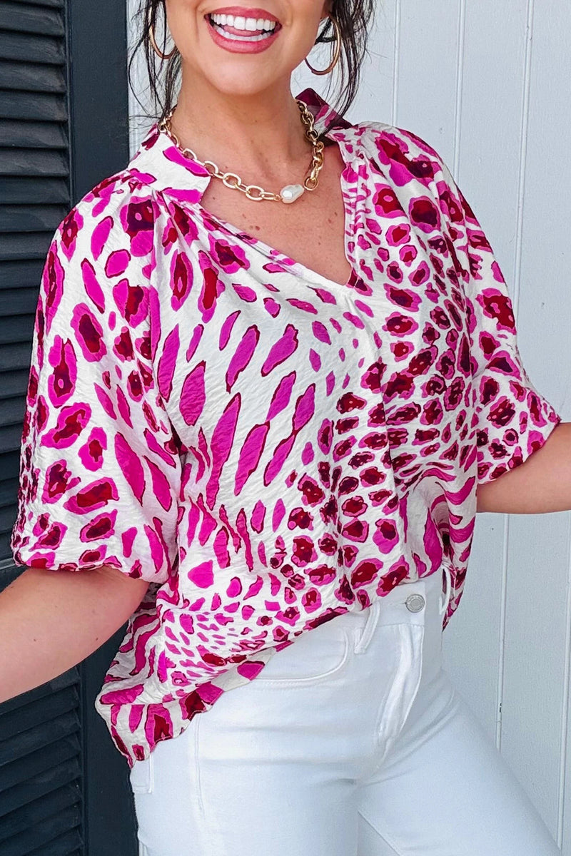 Load image into Gallery viewer, DLLS493 - Ladies Rose Leopard Print V Neck Puffy Half Sleeve Blouse
