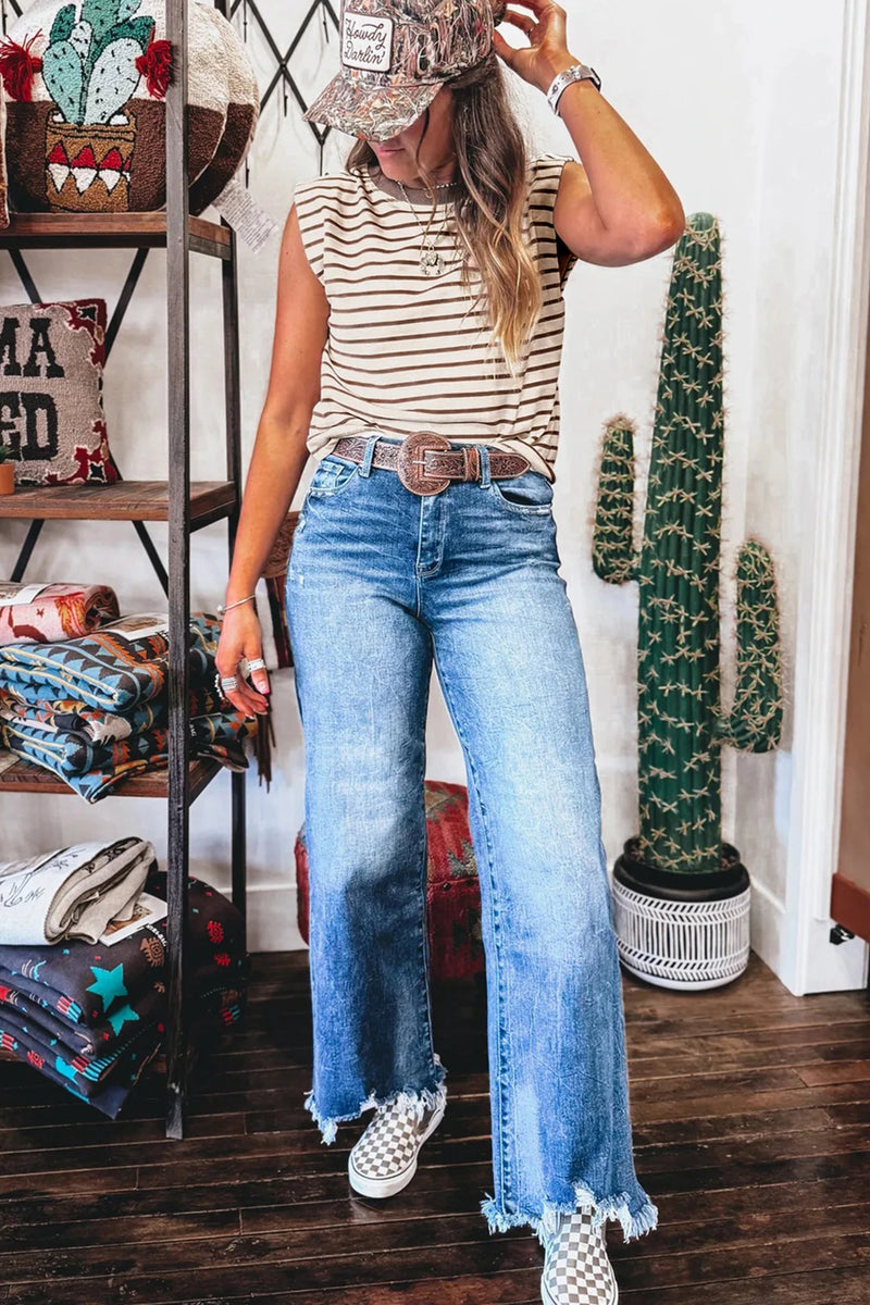 Load image into Gallery viewer, DLLS448 - Ladies Brown Stripe Ribbed Round Neck Trim Loose Tank Top
