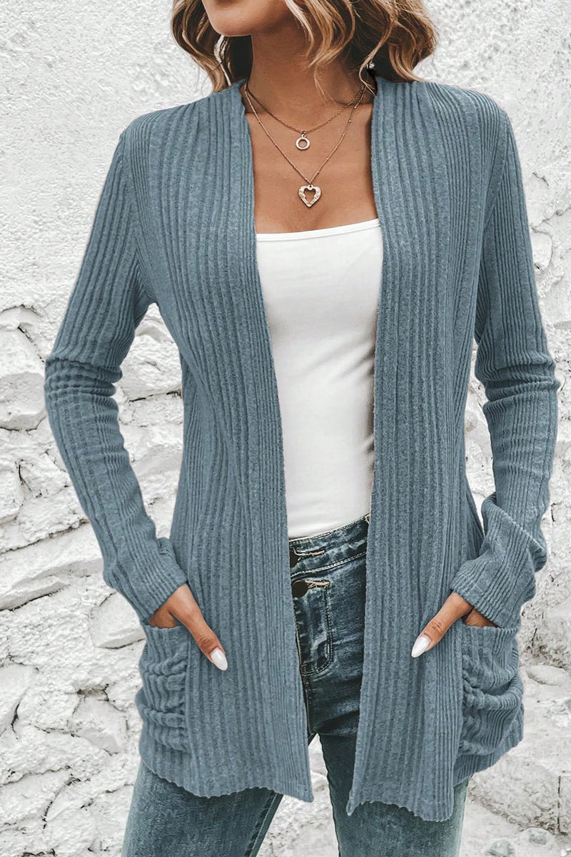 Load image into Gallery viewer, DLLS307 - Ladies Stone Blue Ribbed Open Front Knitted Top with Pockets
