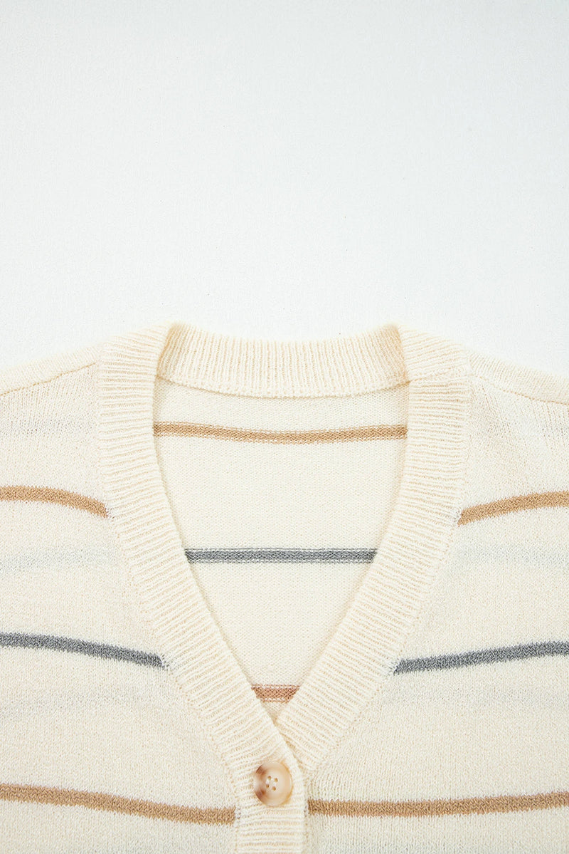 Load image into Gallery viewer, DLLS190 - Ladies Multicolour Striped Buttoned Front V Neck Drop Shoulder Cardigan Sweater
