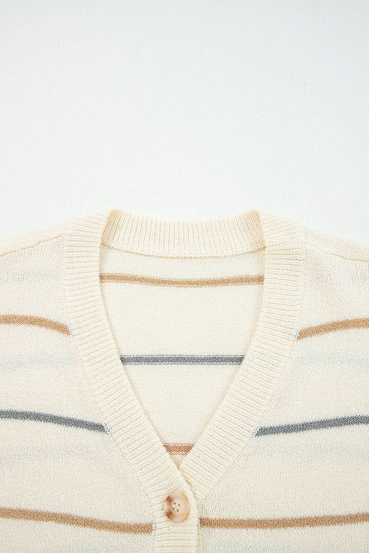 DLLS190 - Ladies Multicolour Striped Buttoned Front V Neck Drop Shoulder Cardigan Sweater