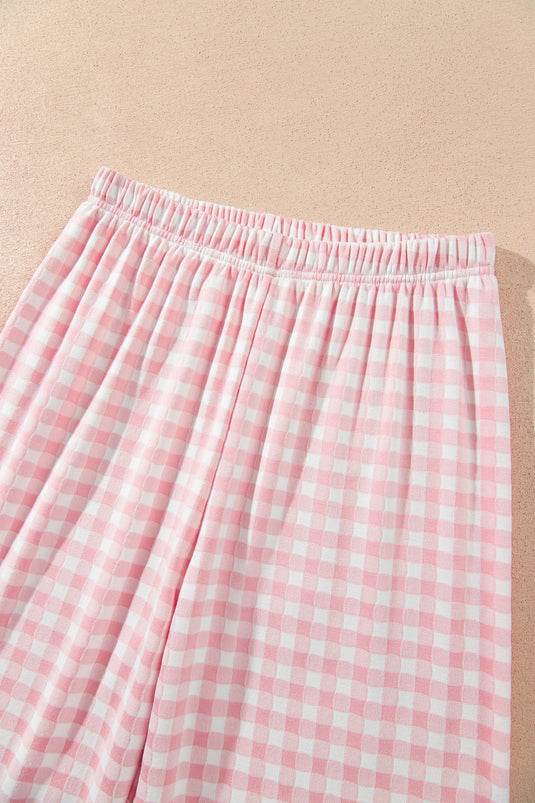 DLLS1111 - Ladies Pink Gingham Long Sleeve Lapel Shirt 2pcs Pajama Pant Set