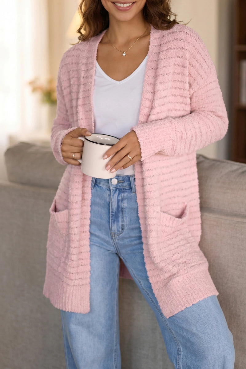 Load image into Gallery viewer, DLLS857 - Ladies Light Pink Open Front Soft Fuzzy Ribbed Sweater Cardigan
