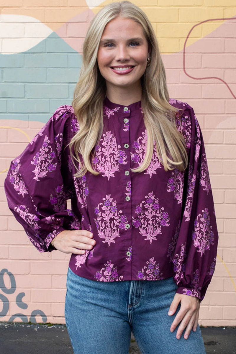 Load image into Gallery viewer, DLLS765 - Ladies Purple Floral Print Button Front Long Puff Sleeve Shirt
