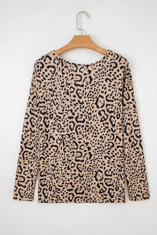 DLLS173 - Ladies Khaki Leopard Print Long Batwing Sleeve Loose Top