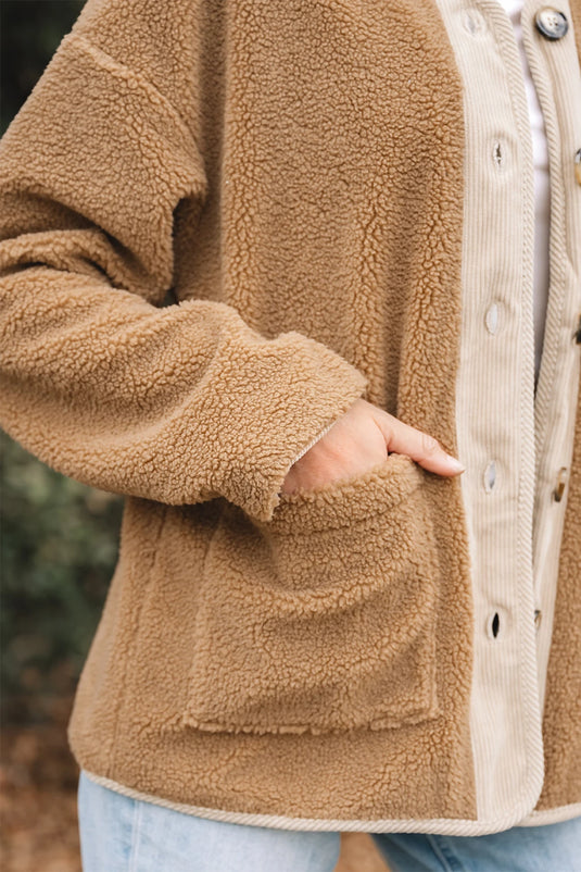 DLLS199 - Ladies Light French Beige Puffy Plush Corduroy Edge Patchwork Jacket with Big Pockets