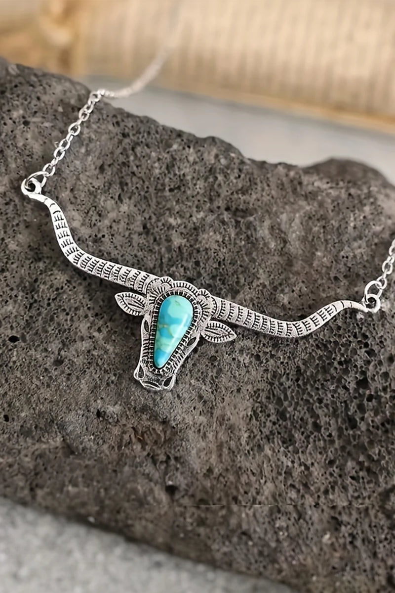 Load image into Gallery viewer, DLLNK 1 - Light Blue Turquoise Steer Head Pendant Chain Necklace
