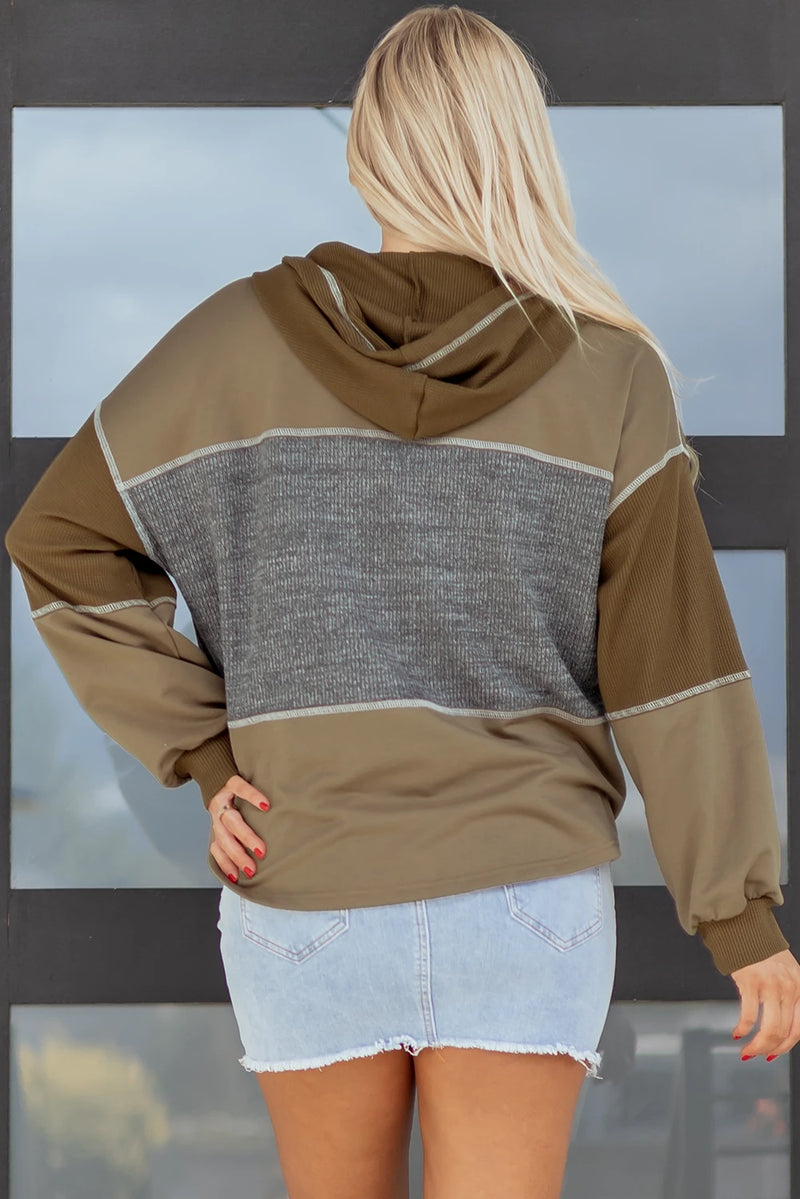 Load image into Gallery viewer, DLLS912 - Ladies Jungle Green Mixed Texture Patchwork Hooded Sweatshirt
