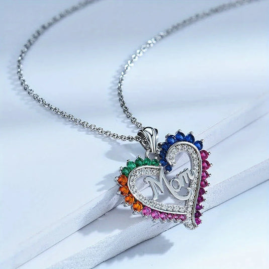 TMNK9 - Heart Shaped Multi-Colored Rhinestone Mom Necklace