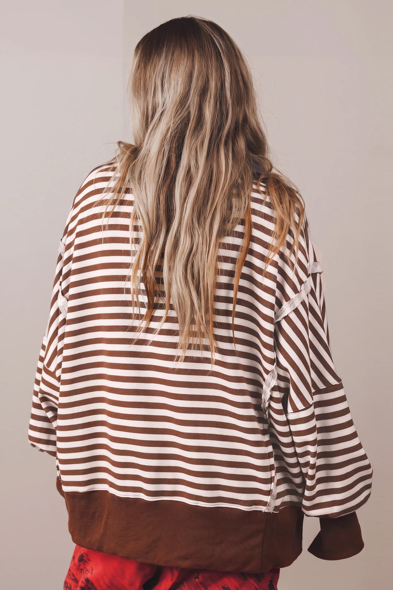 Load image into Gallery viewer, DLLS1087 - Ladies Brown Stripe Color Block Trim Raw Seam Split Hem Loose Pullover Sweatshirt
