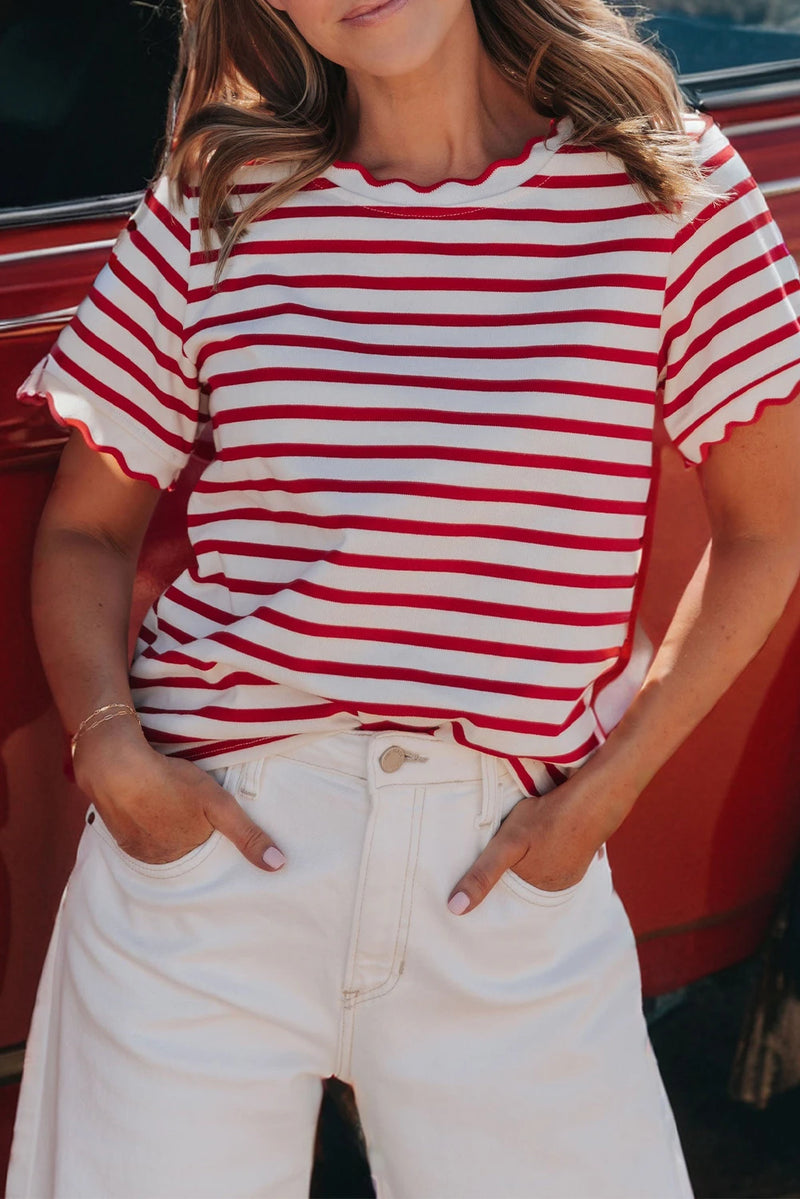 Load image into Gallery viewer, DLLS349 - Ladies Red Stripe Scalloped Trim Round Neck T Shirt
