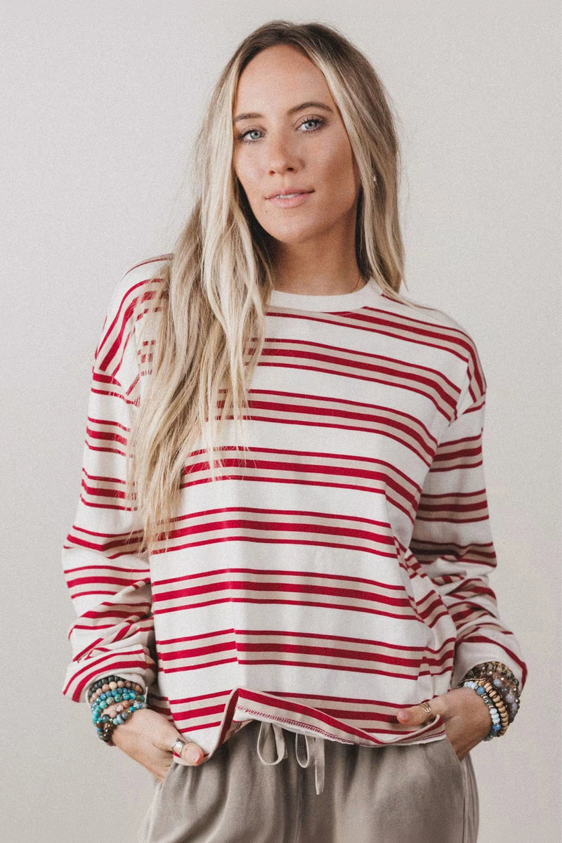Load image into Gallery viewer, DLLS680 - Ladies Red Stripe Long Sleeve Striped Top
