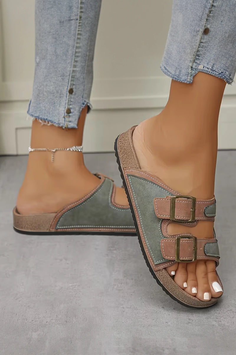 Load image into Gallery viewer, DLLSHOE 38 - Dusk Blue Embroidered Trim Retro Buckle Faux Suede Slippers

