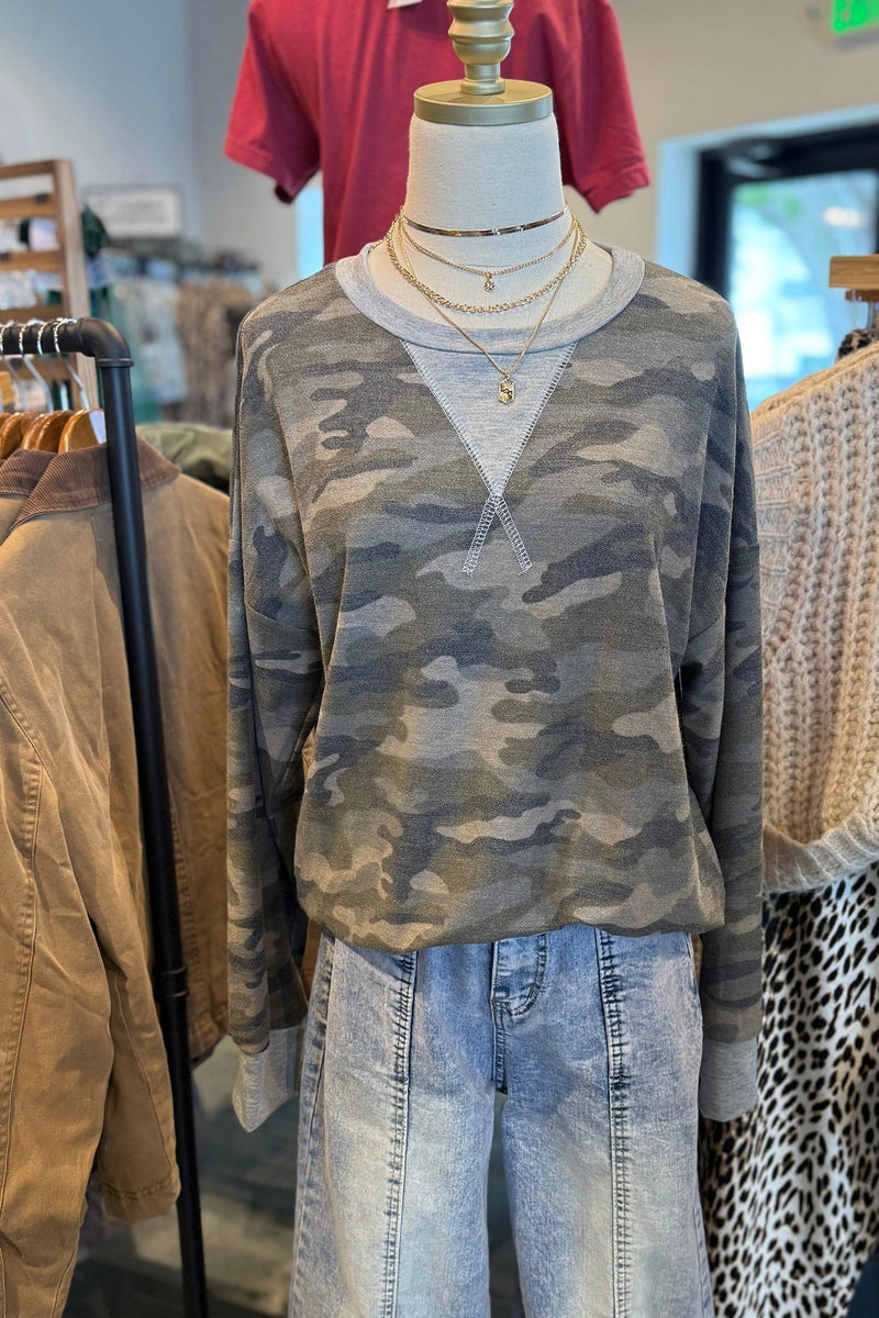 Load image into Gallery viewer, DLLS686 - Ladies Multicolor Camouflage Print Shift Silhouette Long Sleeve Casual Top
