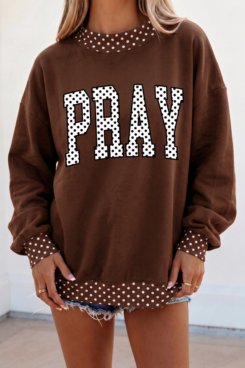 Load image into Gallery viewer, DLLS1047 - Ladies Brown Polka Dot PRAY Slogan High Neck Tunic Sweatshirt
