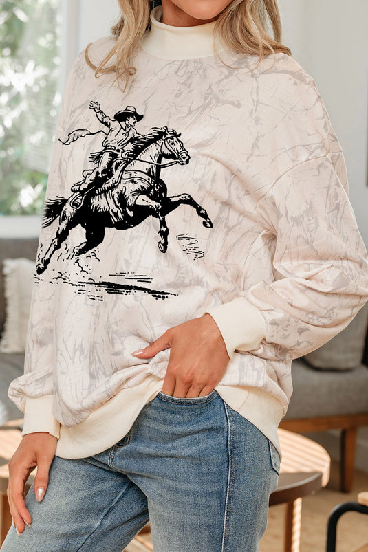 DLLS1017 - Ladies Khaki Western Rodeo Riding Print Tie-Dye Mock Neck Sweatshirt