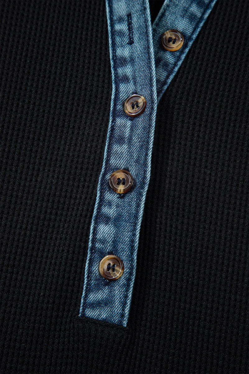 Load image into Gallery viewer, DLLS488 - Ladies Black Waffle Knit Denim Contrast Trim Patchwork Button Polo Tee Dress
