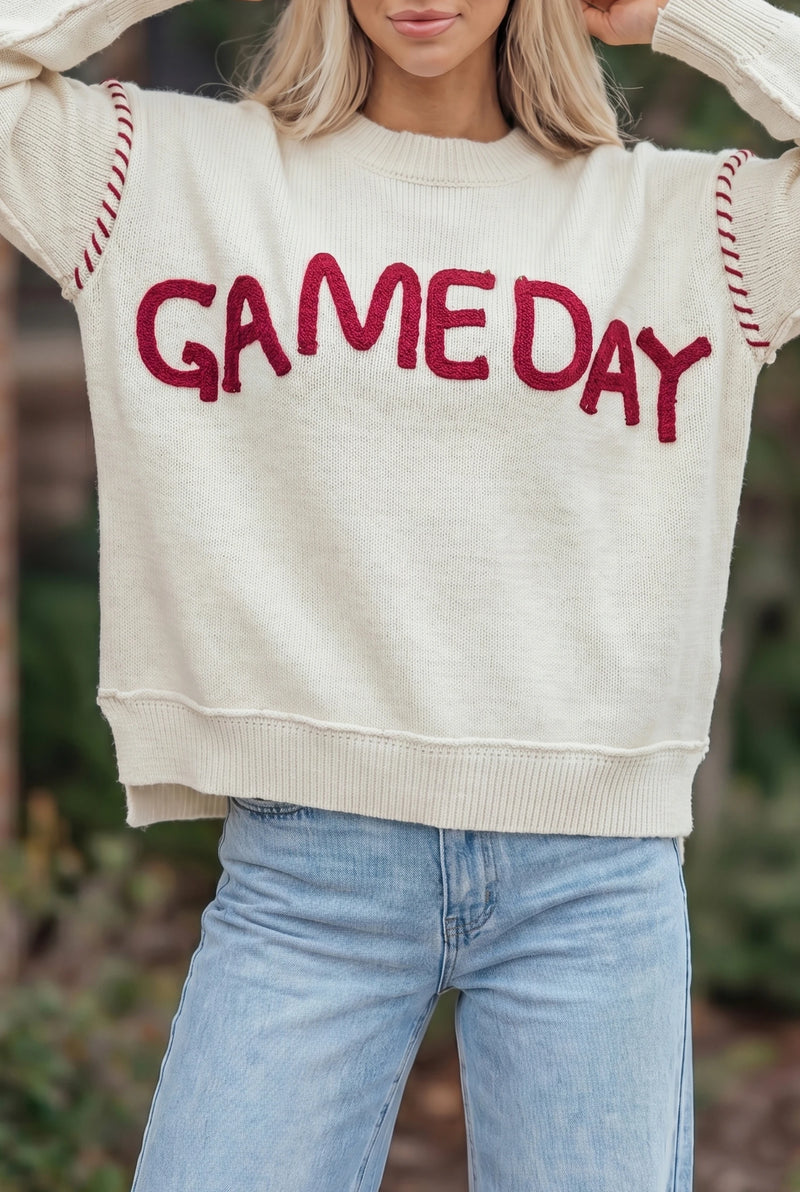 Load image into Gallery viewer, DLLS655 - Ladies Beige Game Day Letter Print Round Neck Long Sleeve Casual Pullover Sweater

