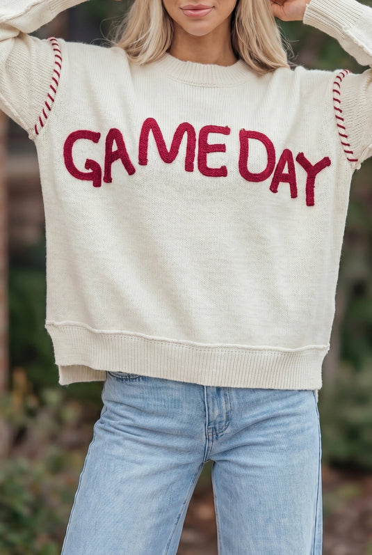 DLLS655 - Ladies Beige Game Day Letter Print Round Neck Long Sleeve Casual Pullover Sweater
