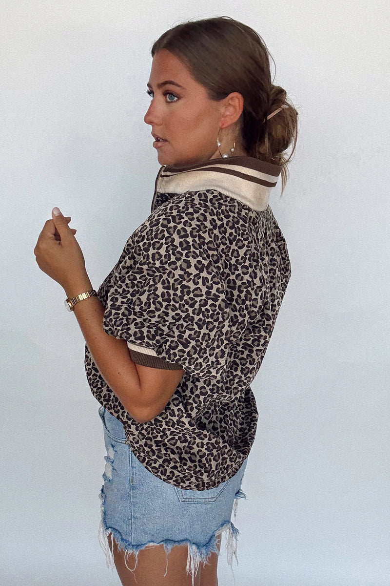 Load image into Gallery viewer, DLLS428 - Ladies Khaki Leopard Print Half Zip Striped Trim Patchwork Short Sleeve Top
