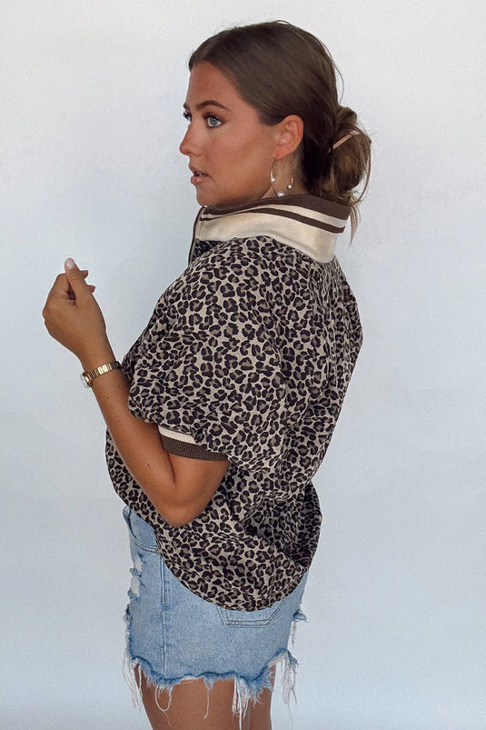 DLLS428 - Ladies Khaki Leopard Print Half Zip Striped Trim Patchwork Short Sleeve Top