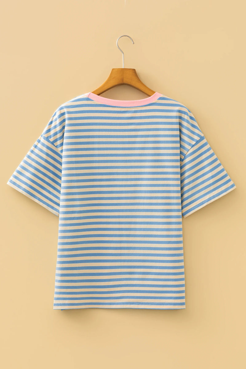 Load image into Gallery viewer, DLLS468 - Ladies Sky Blue Stripe Contrast Crew Neck Drop Shoulder Loose Tee
