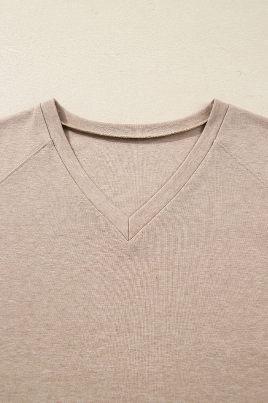 DLLS270 - Ladies Oatmeal V Neck Contrast Lace Patchwork Long Sleeve Top