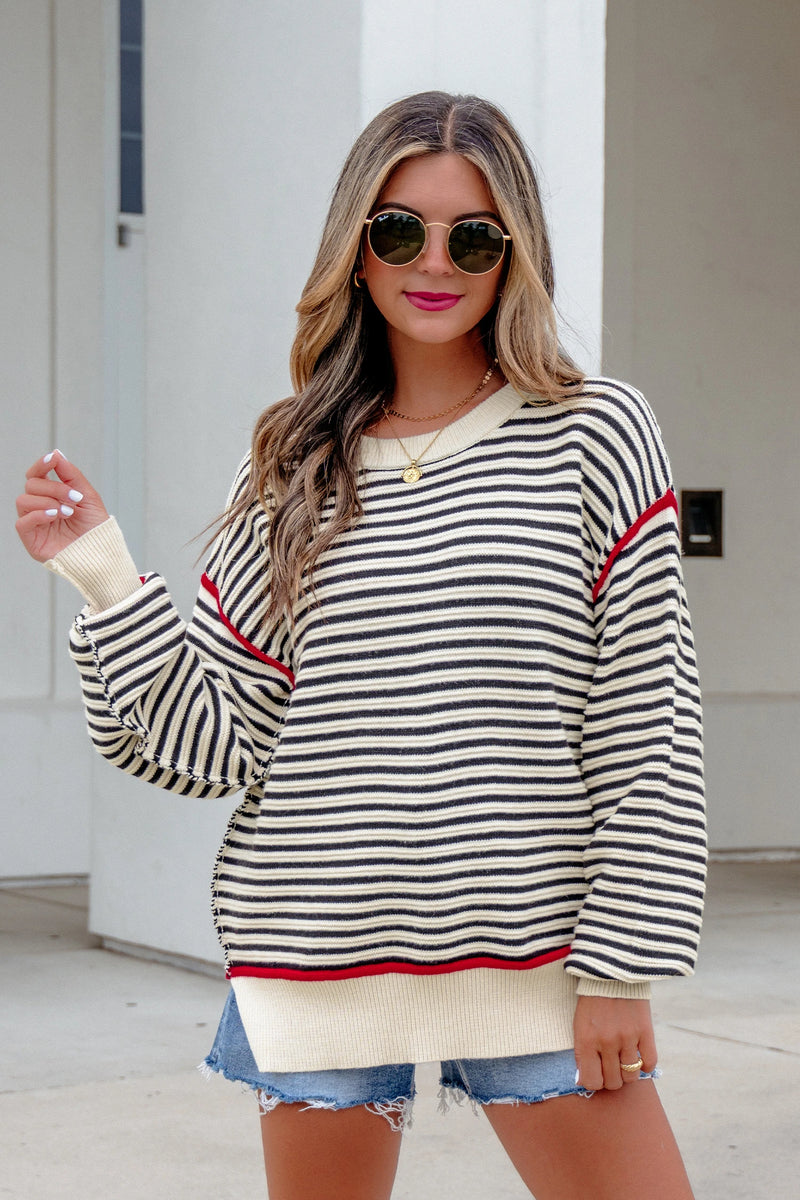 Load image into Gallery viewer, DLLS1082 - Ladies Black Stripe Ribbed Trim Drop Shoulder Oversized Sweater

