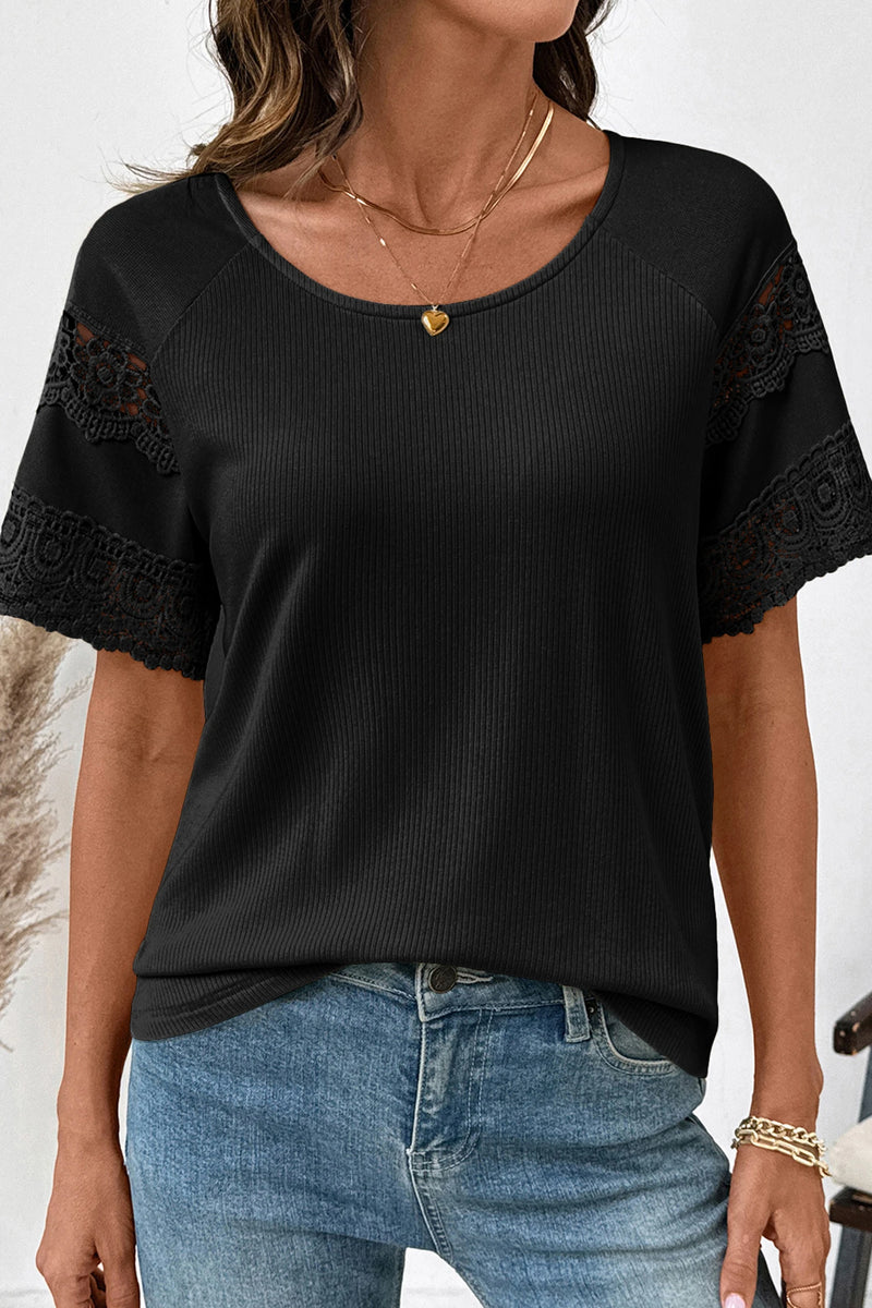 Load image into Gallery viewer, DLLS704 - Ladies Black Ribbed Lace Patchwork Short Sleeve Top
