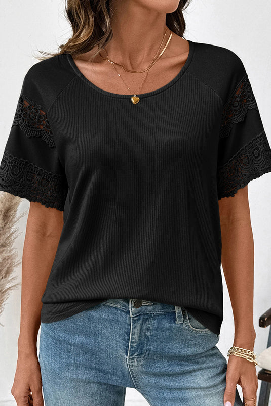 DLLS704 - Ladies Black Ribbed Lace Patchwork Short Sleeve Top