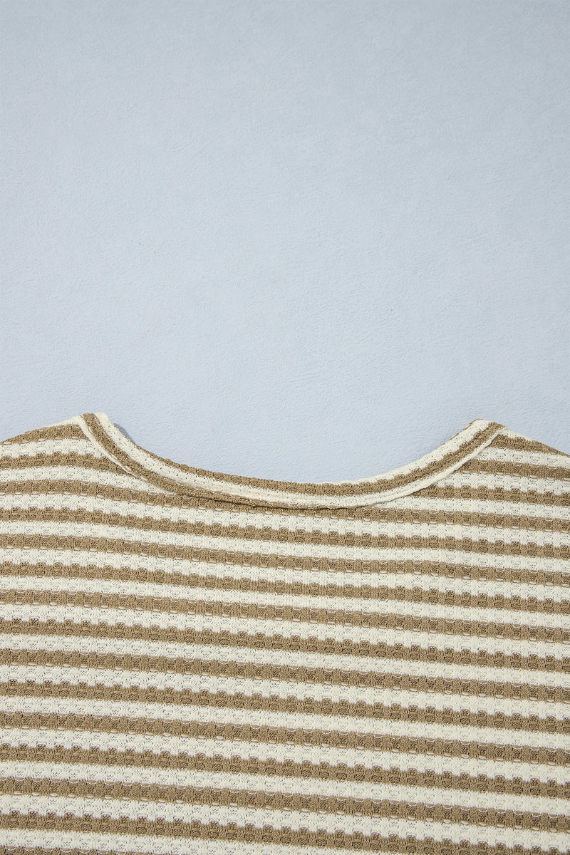 Load image into Gallery viewer, DLLS1147 - Ladies Brown Stripe Textured Knit Long Sleeve Top Elastic Waist Shorts Casual Outfit
