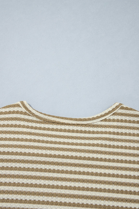 DLLS1147 - Ladies Brown Stripe Textured Knit Long Sleeve Top Elastic Waist Shorts Casual Outfit