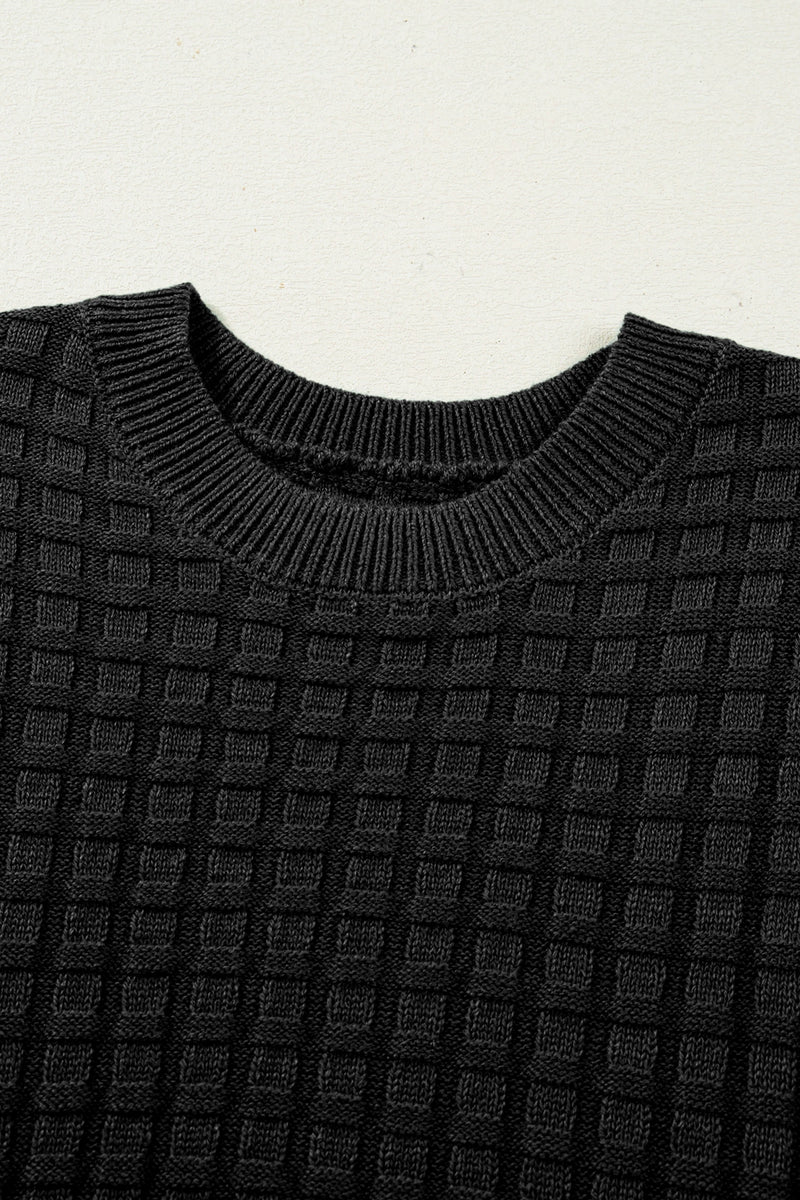 Load image into Gallery viewer, DLLS487 - Ladies Black Solid Color Round Neck Textured Short Sleeve Sweater
