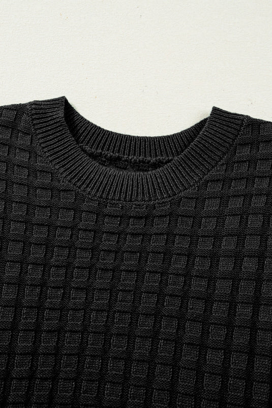 DLLS487 - Ladies Black Solid Color Round Neck Textured Short Sleeve Sweater
