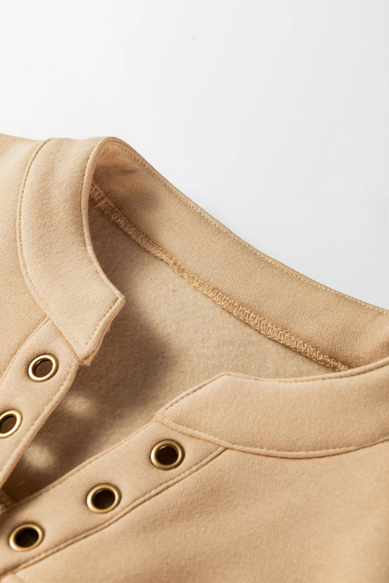Load image into Gallery viewer, DLLS229 - Ladies Light French Beige Grommet Detail V Neck Sweatshirt
