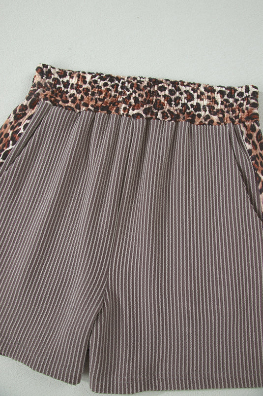 DLLS599 - Ladies Light Grey Leopard Trim Twist Ribbed Short Set