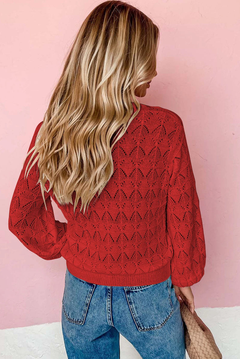 Load image into Gallery viewer, DLLS264 - Ladies Fiery Red Lightweight Buttoned Front Crochet Cardigan

