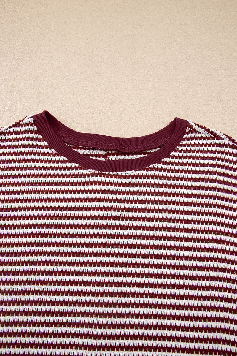 Load image into Gallery viewer, DLLS391 - Ladies Red Stripe Ribbed Trim Drop Shoulder Long Sleeve Oversize Top
