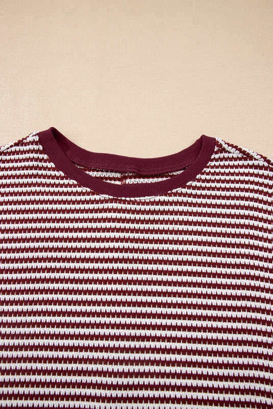DLLS391 - Ladies Red Stripe Ribbed Trim Drop Shoulder Long Sleeve Oversize Top